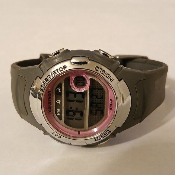 Marathon Digital Sport Day Date Pink Accent Silver Tone Gray Resin Band Watch - Picture 1 of 14